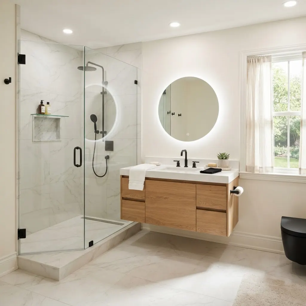 Salle de bain moderne rénovée avec douche vitrée et vanité suspendue