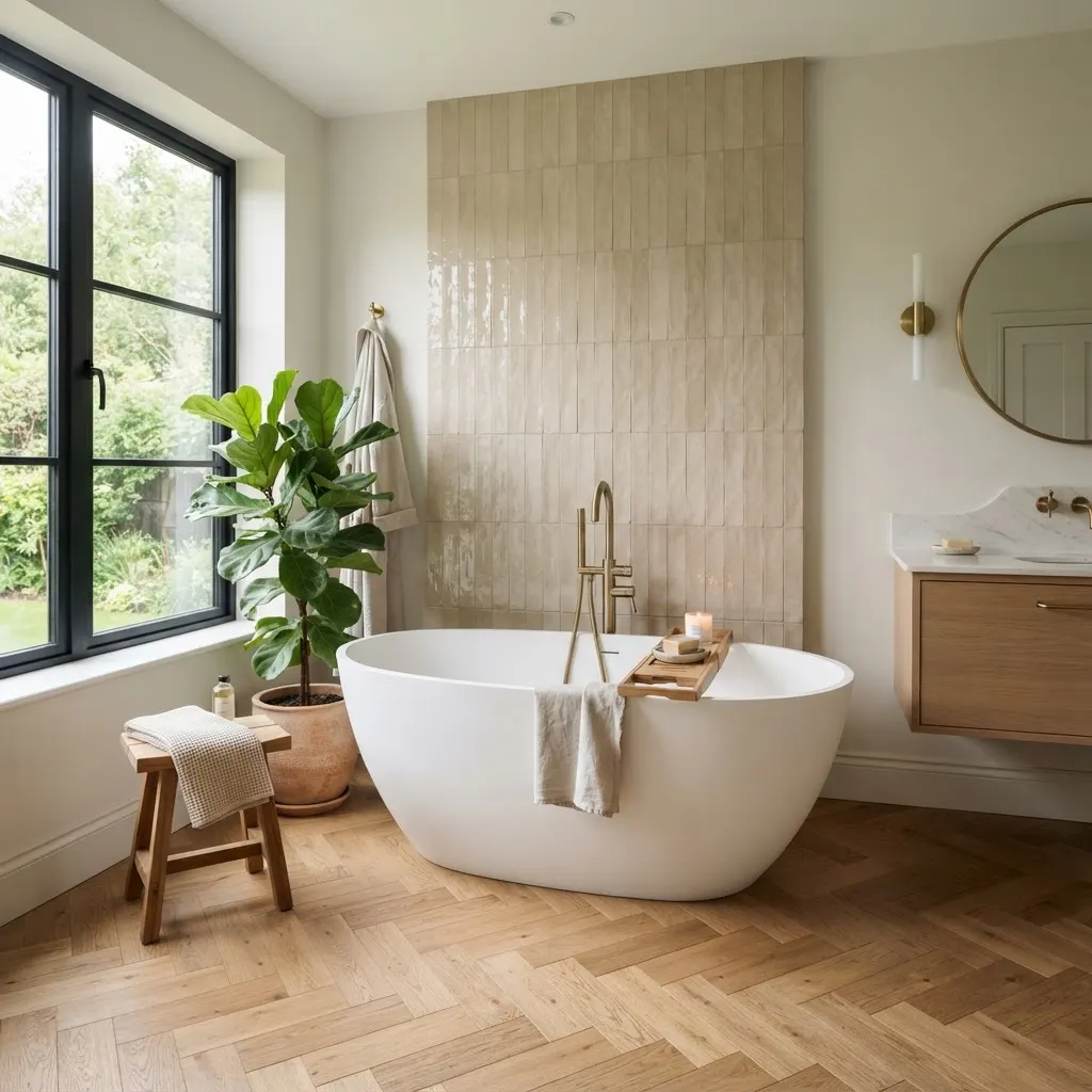 Salle de bain rénovée avec baignoire autoportante et robinetterie en laiton