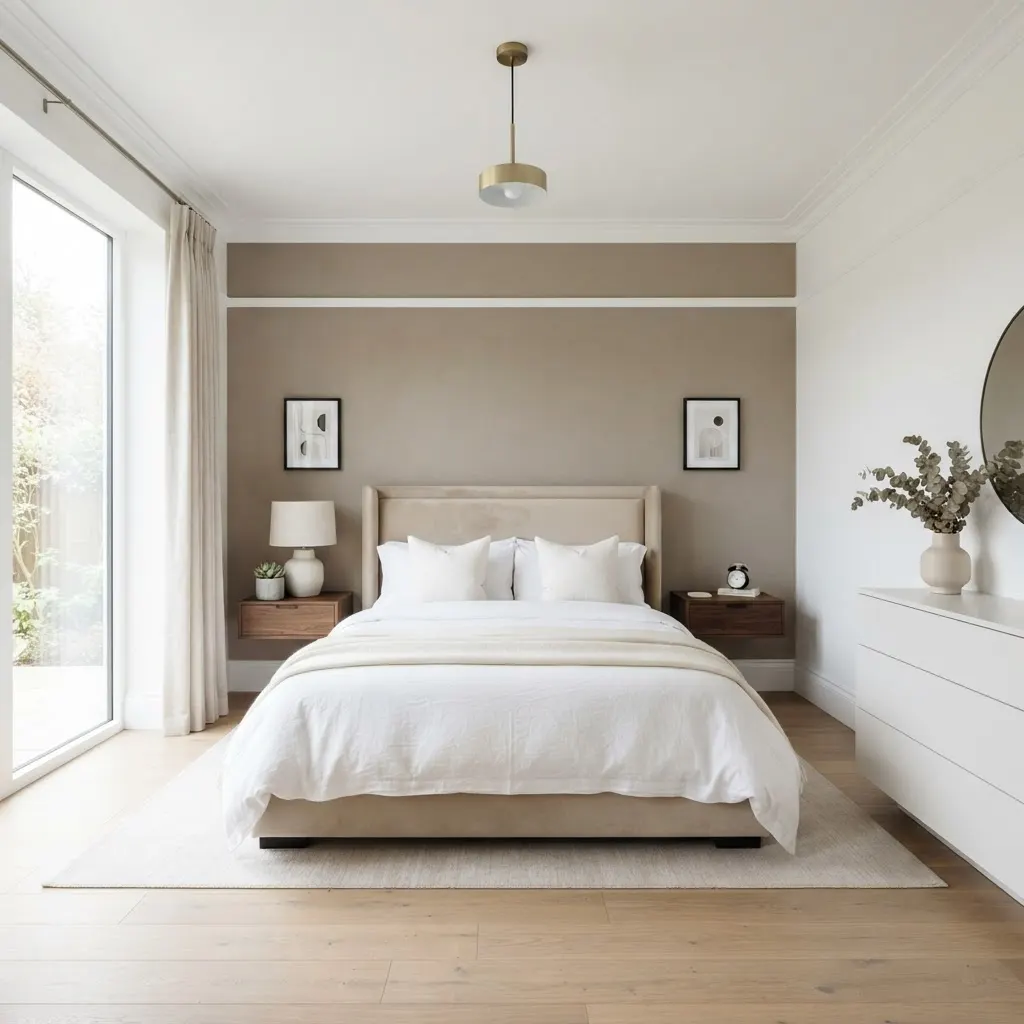 Chambre repeinte avec murs blancs et mur d’accent