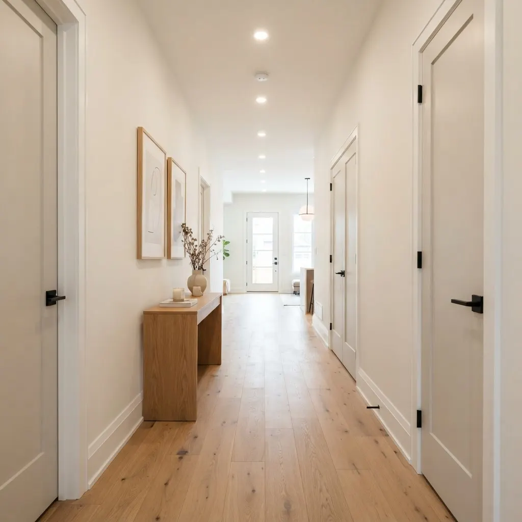 Corridor rénové avec nouvelles moulures et finition soignée