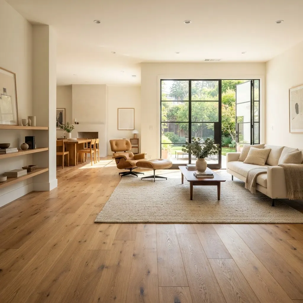 Salon avec plancher de chêne large fraîchement installé