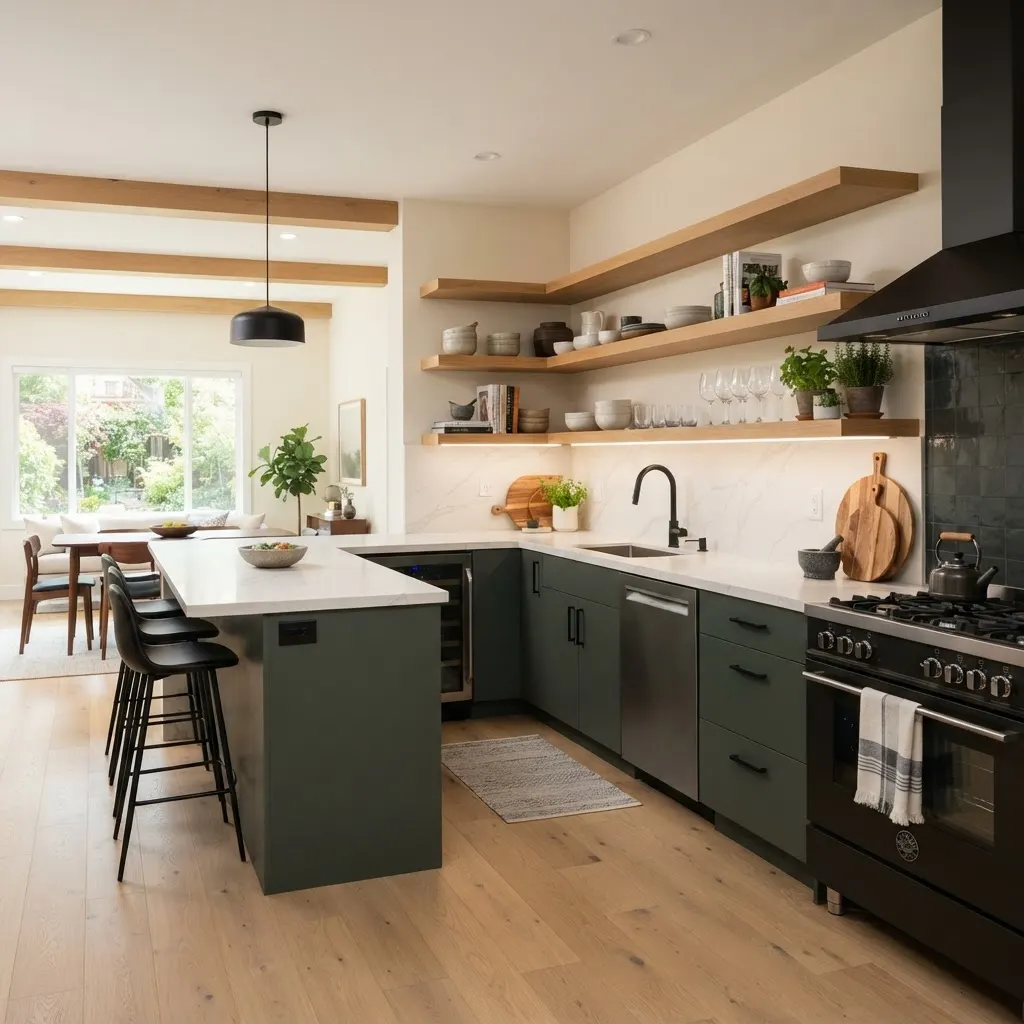 Cuisine contemporaine rénovée avec armoires vert forêt et comptoirs de quartz