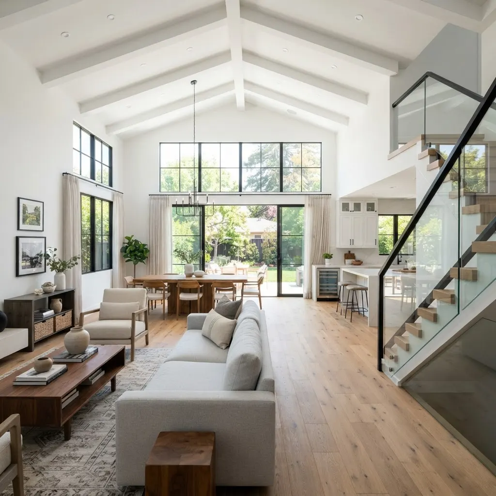 Aire ouverte rénovée avec grandes fenêtres et escalier moderne