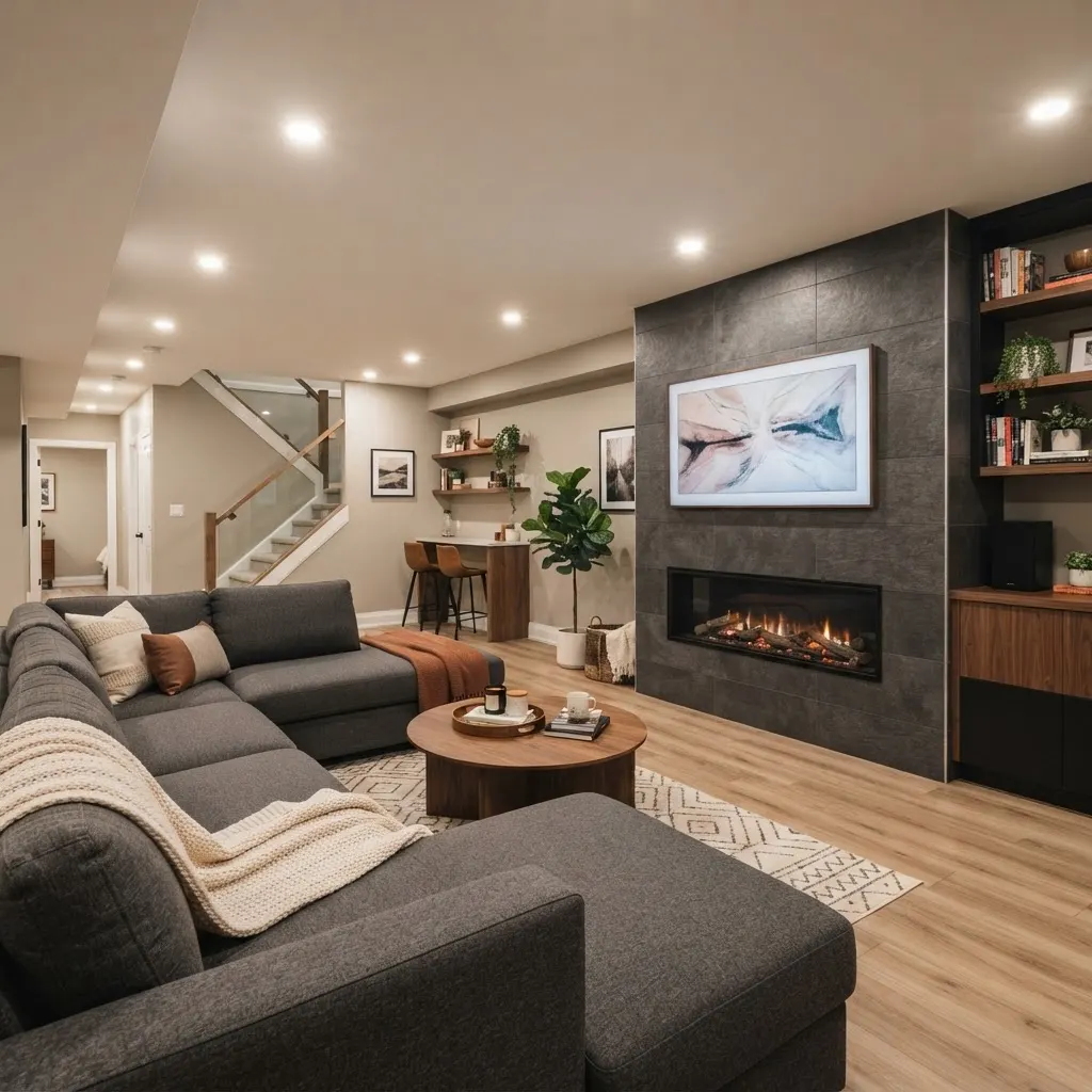 Sous-sol transformé en salle familiale moderne avec foyer